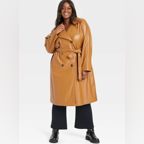 Ava & Viv Women's Plus Size Belted Faux Leather Trench Coat - Picture 3 of 16